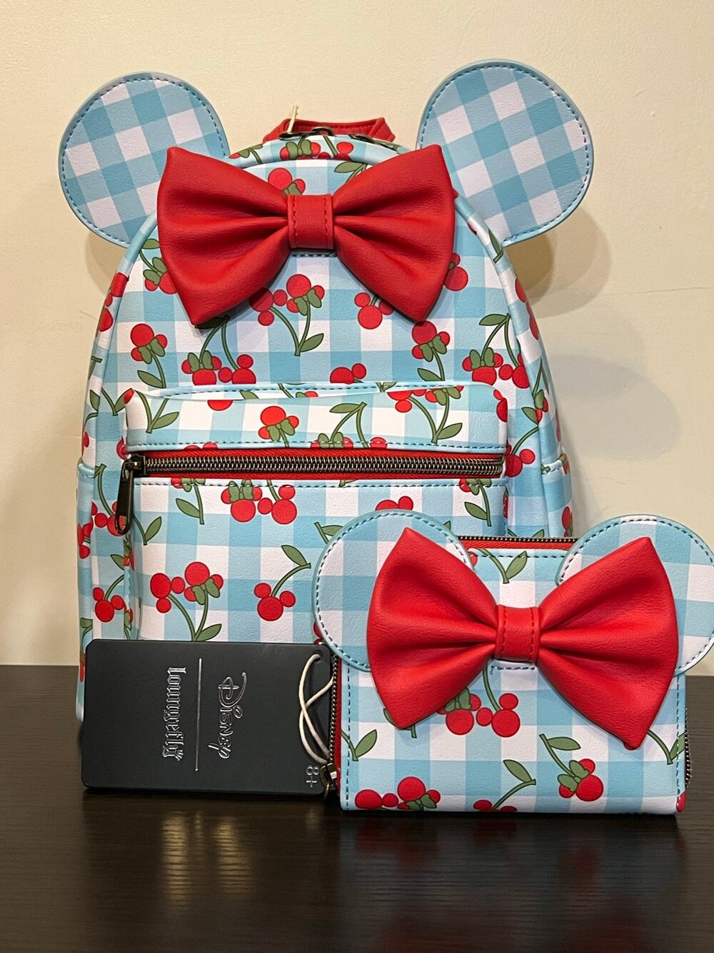 Loungefly Disney Minnie Mouse Gingham Cherry Blue Mini Backpack Bag Wallet